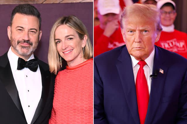 <p>Michael Tullberg/FilmMagic; Chip Somodevilla/Getty</p> Jimmy Kimmel, Molly McNearney and Donald Trump