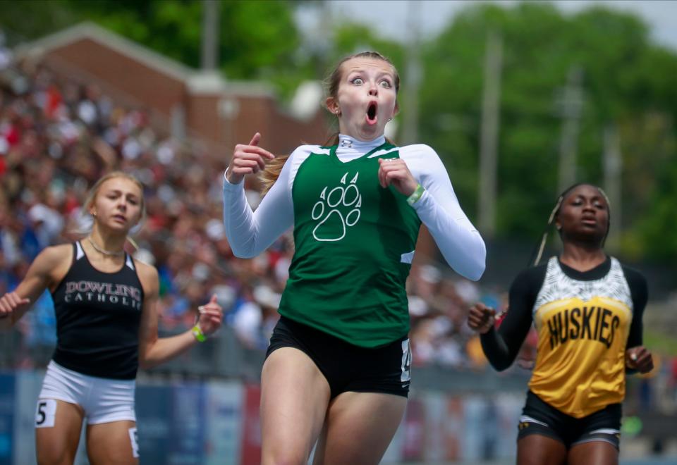 Sioux City West senior Holly Duax reacts on May 21 after winning a Class 4A state title in the girls 100 meter dash during the Iowa high school state track and field meet.