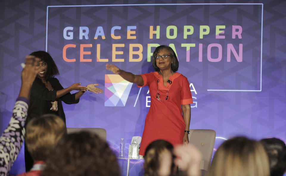 Anita Hill acknowledges the audience during a forum on Friday, Sept. 28, 2018 in Houston. Hill says one of the things that stood out to her from Supreme Court nominee Brett Kavanaugh's hearing was how his emotional and angry testimony compared to the calm testimony of the woman accusing him of sexual assault. (Elizabeth Conley /Houston Chronicle via AP)