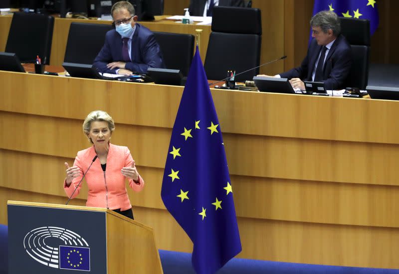 European Commission President Ursula von der Leyen addresses her first State of the European Union speech during a plenary session of the European Parliament, in Brussels