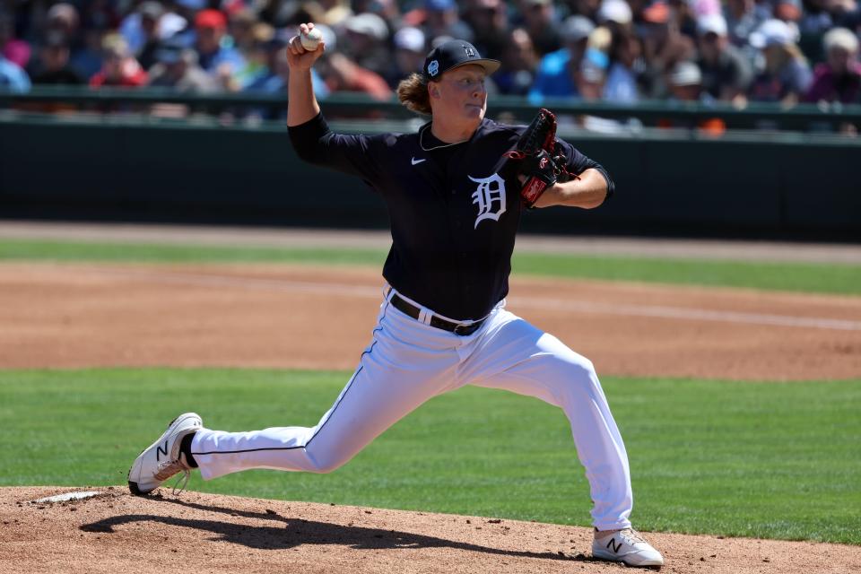 Mar 20, 2023; Lakeland, Florida, USA; Detroit Tigers starting pitcher Trey Wingenter (78) throws a pitch against the Toronto Blue Jays during the first inning at Publix Field at Joker Marchant Stadium.