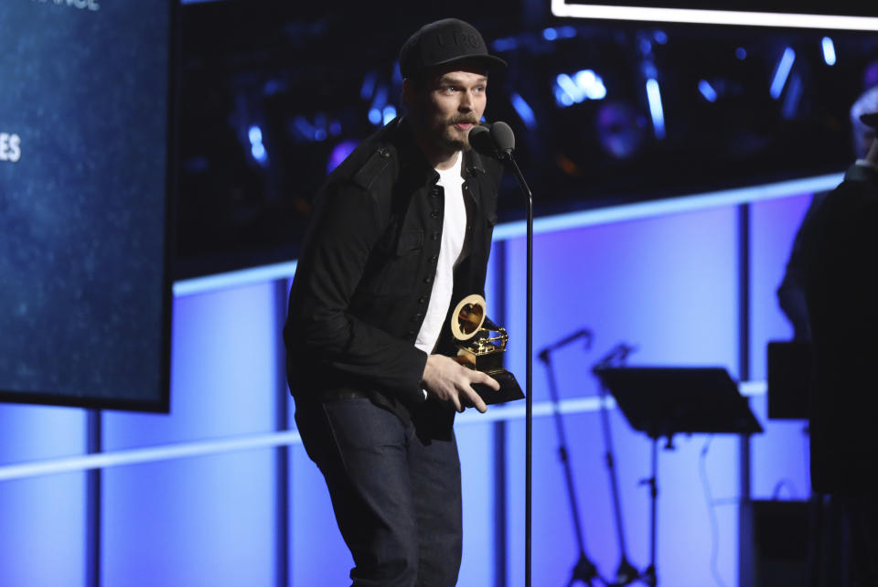 FILE - In this Sunday, Jan. 28, 2018, file photo, Steve Johnson of Alabama Shakes accepts the best American roots performance for "Killer Diller Blues" at the 60th annual Grammy Awards at Madison Square Garden in New York. Johnson, the drummer for Grammy Award-winning rock band Alabama Shakes is in custody on child abuse charges. Johnson, 35, was arrested Wednesday, March 24, 2021, after being indicted on charges of willful torture, willful abuse and cruelly beating or otherwise willfully maltreating a child under the age of 18, news outlets reported. (Photo by Matt Sayles/Invision/AP, File)