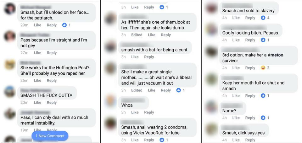 Screenshots of comments left on the "smash or pass" photo, including "smash with a bat for being a cunt." (Photo: Facebook)