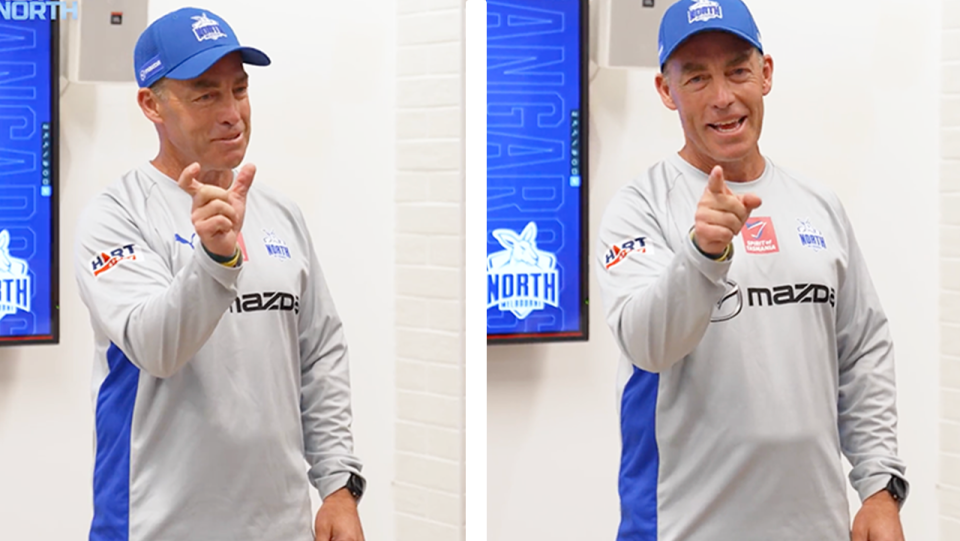 Alastair Clarkson's (pictured) gaffe in his motivational speech to his new team got a laugh out of the North Melbourne Kangaroos. (Images: @NMFCOfficial)