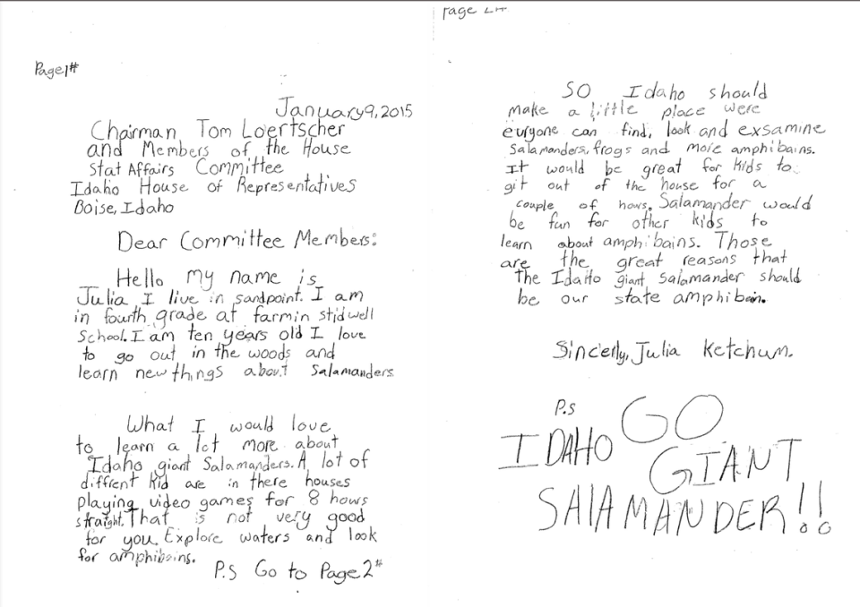 A letter from an elementary school student to the Idaho House State Affairs Committee about why the Idaho Giant Salamander should become the state amphibian. Idaho Legislative Library