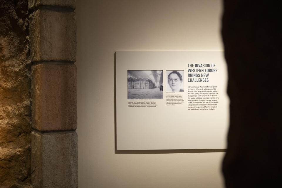 Information about Rose Valland is displayed as part of the permanent Monuments Men and Women exhibition at The National WWII Museum in New Orleans, Thursday, Feb. 15, 2024. (AP Photo/Christiana Botic)