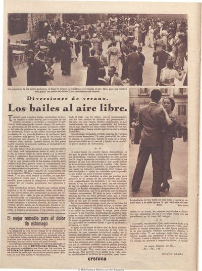 Page from the magazine <em>Cronica</em> on 19 July 1936 in which it talks about open-air dances and the opportunity to meet a partner. <a href="https://hemerotecadigital.bne.es/hd/es/viewer?id=5b3da161-816b-4dcd-a989-9ab4404b01df&page=14" rel="nofollow noopener" target="_blank" data-ylk="slk:Hemeroteca BNE;elm:context_link;itc:0;sec:content-canvas" class="link ">Hemeroteca BNE</a>, <a href="http://creativecommons.org/licenses/by/4.0/" rel="nofollow noopener" target="_blank" data-ylk="slk:CC BY;elm:context_link;itc:0;sec:content-canvas" class="link ">CC BY</a>