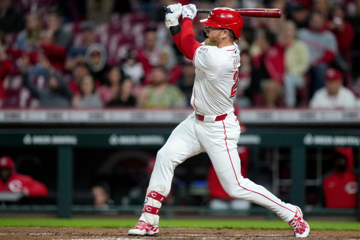 Jake Fraley, shown last week, had a big night in the Reds' 9-3 loss to the Mariners Monday night. He went 2-for-4 with his fourth double and first home run. He entered Tuesday's Game 2 batting .432.