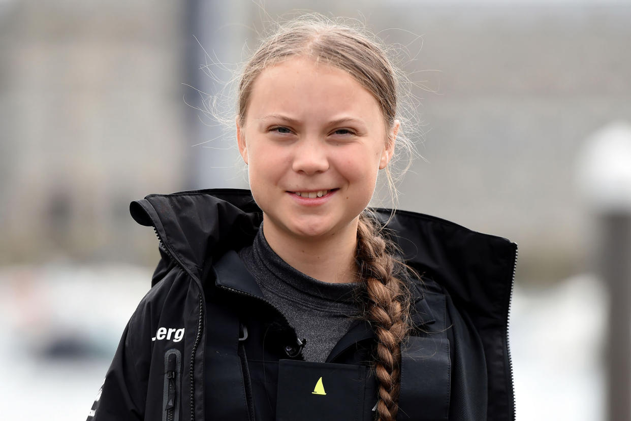 Greta Thunberg at a press conference before setting sail for New York in the 60ft Malizia II yacht on August 14, 2019 in Plymouth, England. (Finnbarr Webster / Getty Images)