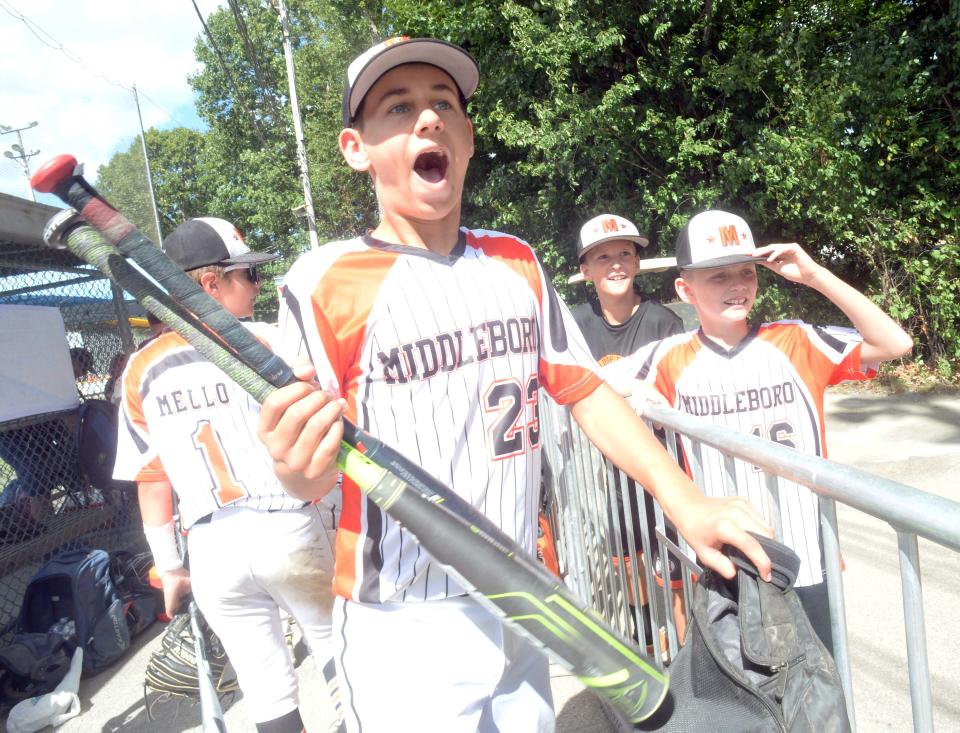 Middleboro 12U Nationals Aaron Davis reacts at the conclusion of their game versus Pittsfield at Dunn Little League Complex at Hollingsworth Park in Braintree on Saturday, July 30, 2022.  