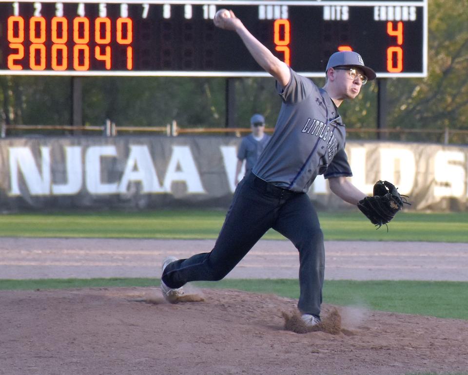 Little Falls Mountie Gavin Trumbull delivers a pitch during the seventh inning of his Tuesday, May 10, 2022, perfect game against Sherburne-Earlville in Little Falls, New York.