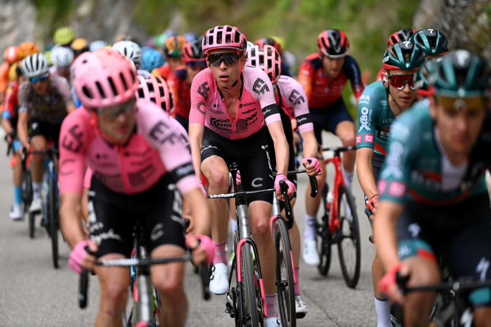 BRENTONICO SAN VALENTINO ITALY  APRIL 19 Hugh Carthy of United Kingdom and Team EF EducationEasypost competes during the 46th Tour of the Alps 2023 Stage 3 a 1625km stage from Ritten to Brentonico San Valentino 1321m on April 19 2023 in Brentonico San Valentino Italy Photo by Tim de WaeleGetty Images