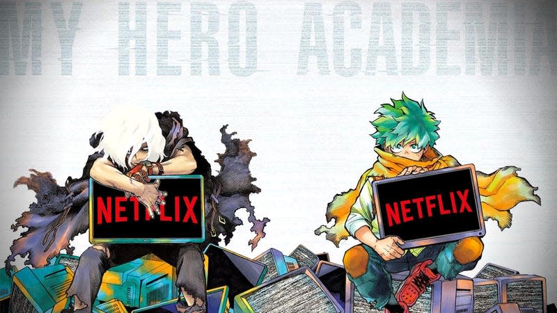 Izuku Midoriya and Tomura Shigaraki sit atop a pile of TVs  displaying the Netflix logo. 