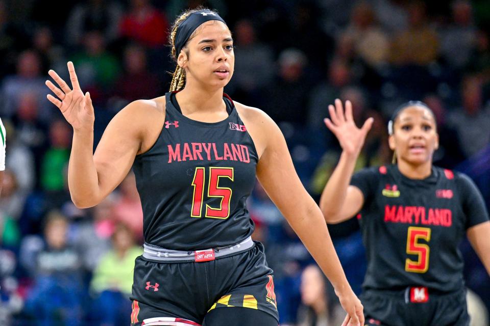 Dec 1, 2022; South Bend, Indiana, USA; Maryland Terrapins guard Mila Reynolds (15) signals to teammates in the first half against the Notre Dame Fighting Irish at the Purcell Pavilion. Mandatory Credit: Matt Cashore-USA TODAY Sports