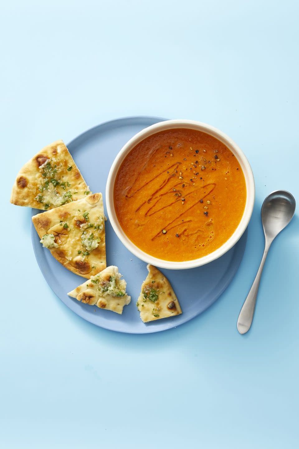 19) Spiced Fresh Tomato Soup with Sweet and Herby Pitas