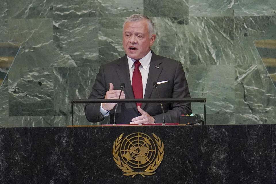 FILE - Jordan's King Abdullah II addresses the United Nations General Assembly, Tuesday, Sept. 20, 2022, at U.N. headquarters. Bassem Awadallah, who is a dual Jordanian-American citizen, and a former top Jordanian official imprisoned in an alleged plot against the Western-allied monarchy, was rushed to the hospital over the weekend after a three-week hunger strike, the man’s American lawyer said Monday, March 13, 2023. Jordanian officials deny allegations that Awadallah has been mistreated. (AP Photo/Mary Altaffer, File)