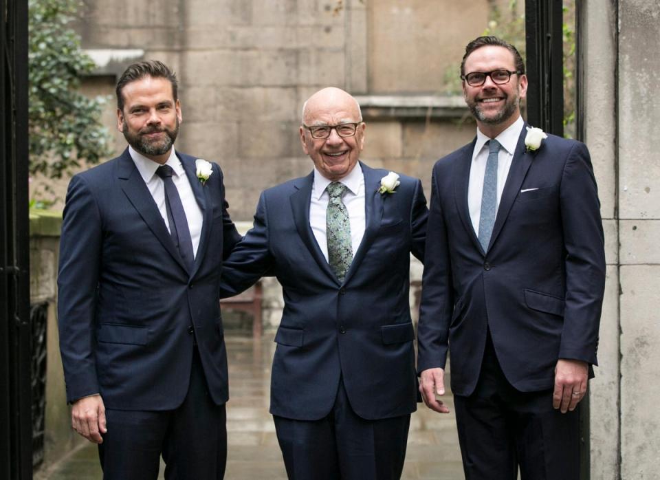 Rupert Murdoch arriving with his sons Lachlan and James at a celebratory event after his marriage to Jerry Hall in 2016 (Getty)