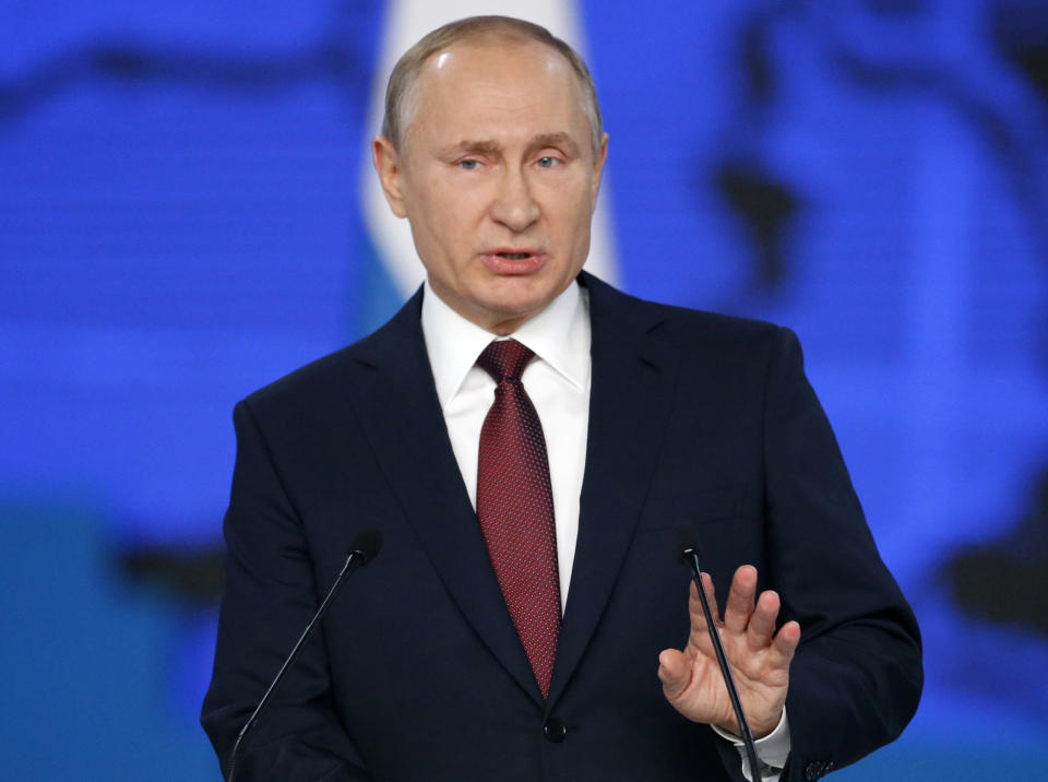 Russian President Vladimir Putin delivers a state-of-the-nation address in Moscow, Russia, Wednesday, Feb. 20, 2019. Putin said Russia needs to focus on raising living standards. (AP Photo/Alexander Zemlianichenko)