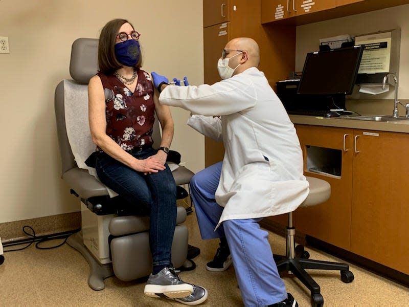 Oregon Gov. Kate Brown receives the Johnson & Johnson single-dose COVID-19 vaccine at the OHSU Primary Care Clinic in Scappoose, a nationally recognized Rural Health Clinic.