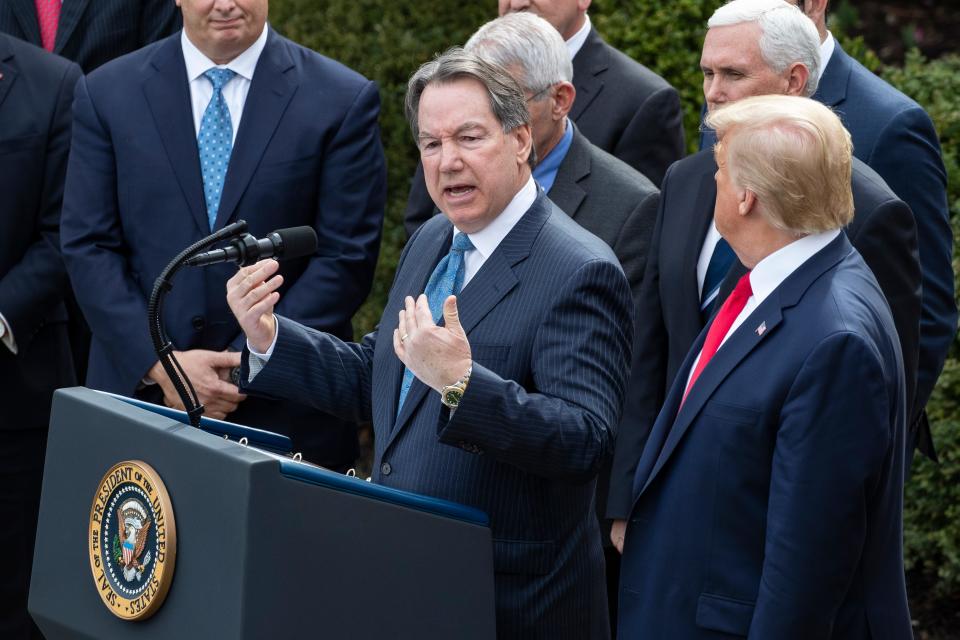Stephen Rusckowski, chairman, president and CEO of Quest Diagnostics, speaks during a news with President Donald Trump conference about the coronavirus in the Rose Garden at the White House, Friday, March 13, 2020, in Washington. (AP Photo/Alex Brandon)