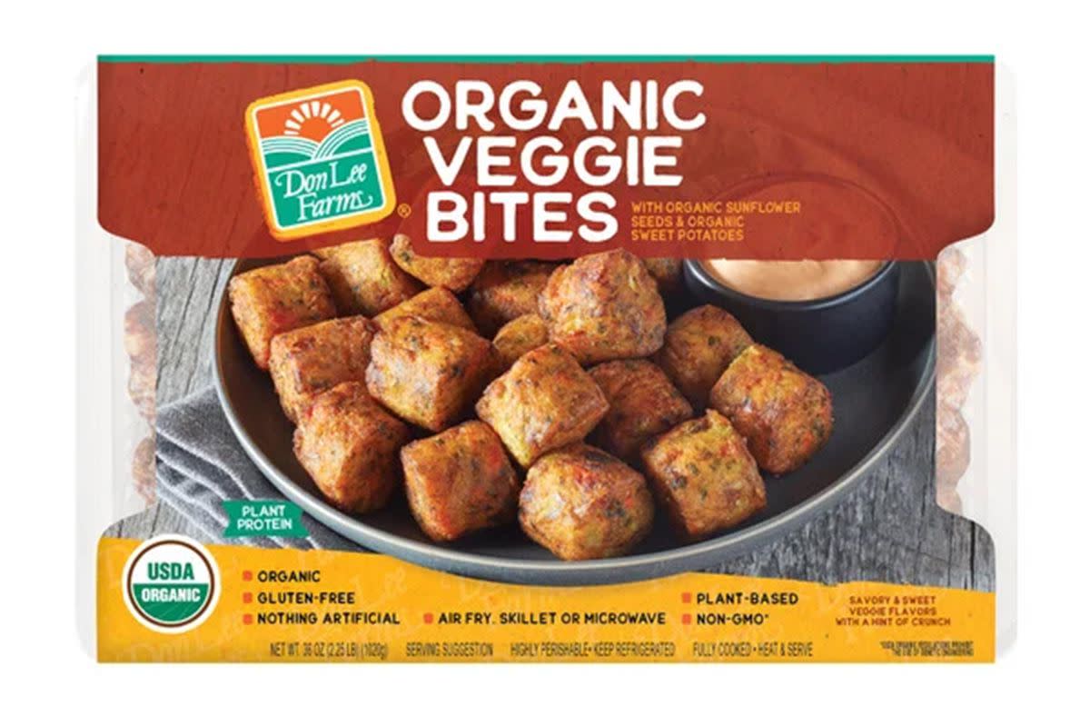 A bag of Don Lee Organic Veggie Bites against a white background