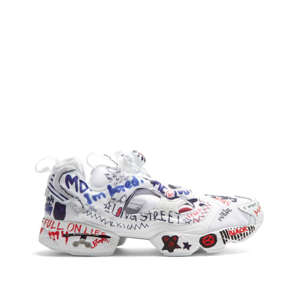 <p>We've already told you about the '<a rel="nofollow noopener" href="http://www.esquire.co.uk/style/shoes/advice/a12434/doodling-trainer-trend-2017/" target="_blank" data-ylk="slk:drawing on trainers;elm:context_link;itc:0;sec:content-canvas" class="link ">drawing on trainers</a>' trend which is currently a <em>thing, </em><span>but if your Sharpie skills aren't up to scratch, then let Vetements and Reebok do the legwork for you with these artily tarnished InstaPump Furies.</span></p><p><span><em>£525, <a rel="nofollow noopener" href="http://www.matchesfashion.com/products/Vetements-X-Reebok-InstaPump-Fury-trainers-1080965" target="_blank" data-ylk="slk:matchesfashion.com;elm:context_link;itc:0;sec:content-canvas" class="link ">matchesfashion.com</a></em></span></p>