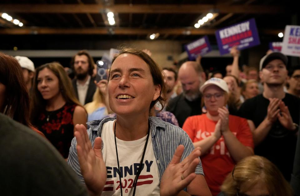 Kami Wilt applauds for independent presidential candidate Robert F. Kennedy Jr. at Monday's rally.