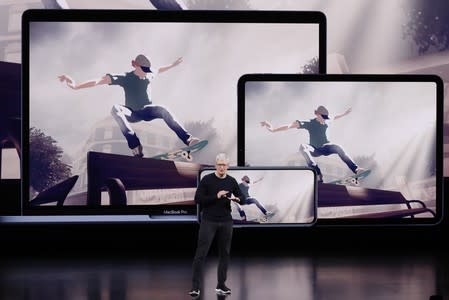 CEO Tim Cook speaks at an Apple event at their headquarters in Cupertino