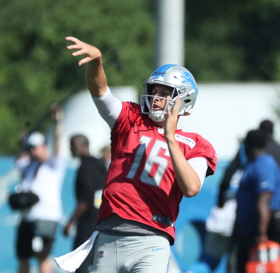 Lions quarterback Jared Goff passes during the Lions' joint practice with the Jaguars on Wednesday, Aug. 16, 2023, in Allen Park.