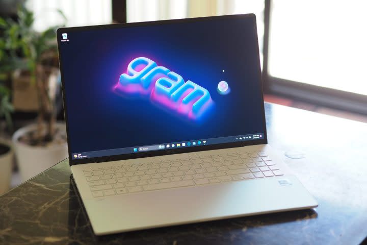 The LG Gram Style laptop on a desk.