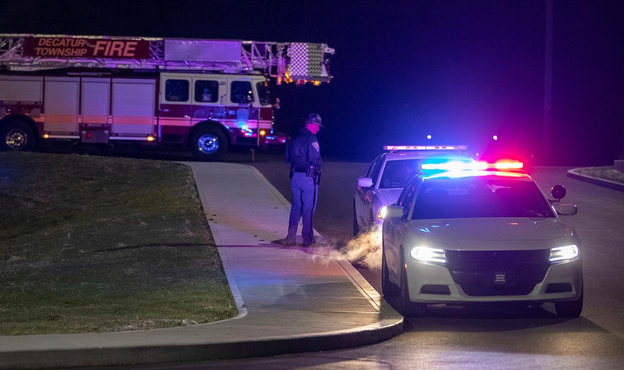 Police and fire teams arrive at the scene outside a FedEx facility in Indianapolis where multiple people were reportedly shot at the FedEx Ground facility early Friday, April 16, 2021, in Indianapolis, Indiana.