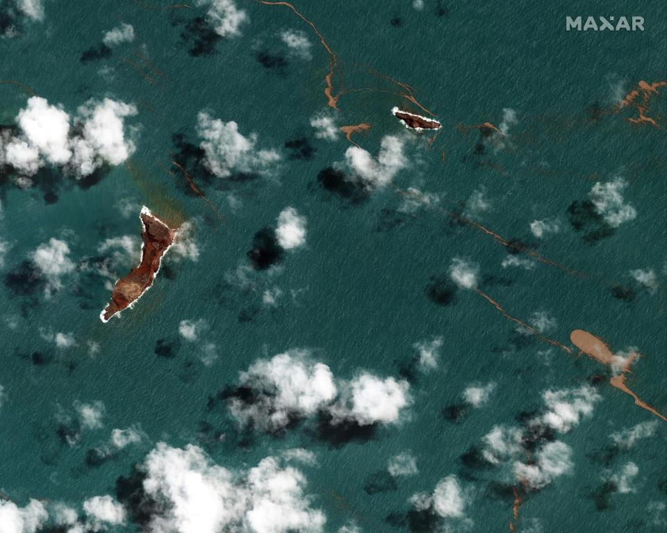 This satellite image provided by Maxar Technologies shows a general view of Hunga Tonga Hunga Ha’apai volcano in Tonga Tuesday, Jan. 18, 2022 after a huge undersea volcanic eruption. (Satellite image ©2022 Maxar Technologies via AP)