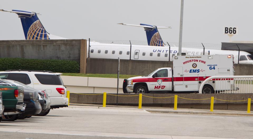 An EMS ambulance pulls out of of Terminal B at Bush Intercontinental Airport on May 2, 2013, in Houston