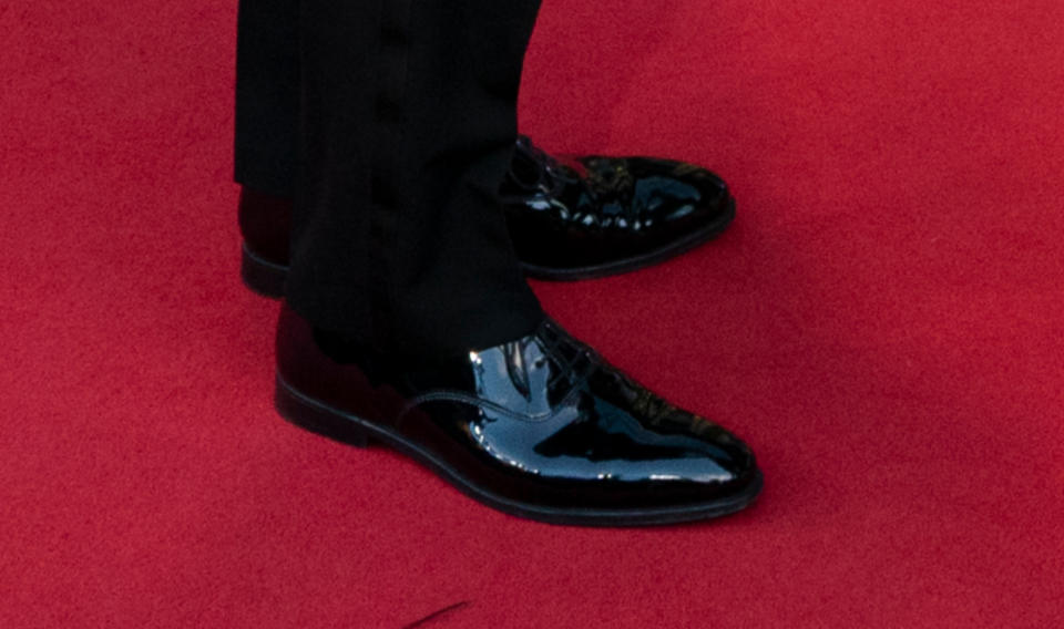 A closer look at Prince William's shiny Oxfords at the 2024 BAFTA Film Awards in London. 