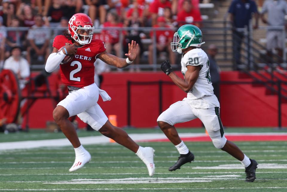 Sep 10, 2022; Piscataway, New Jersey, USA; Rutgers Scarlet Knights quarterback Gavin Wimsatt (2) runs with the ball against the Wagner Seahawks during the first half at SHI Stadium. Mandatory Credit: Ed Mulholland-USA TODAY Sports