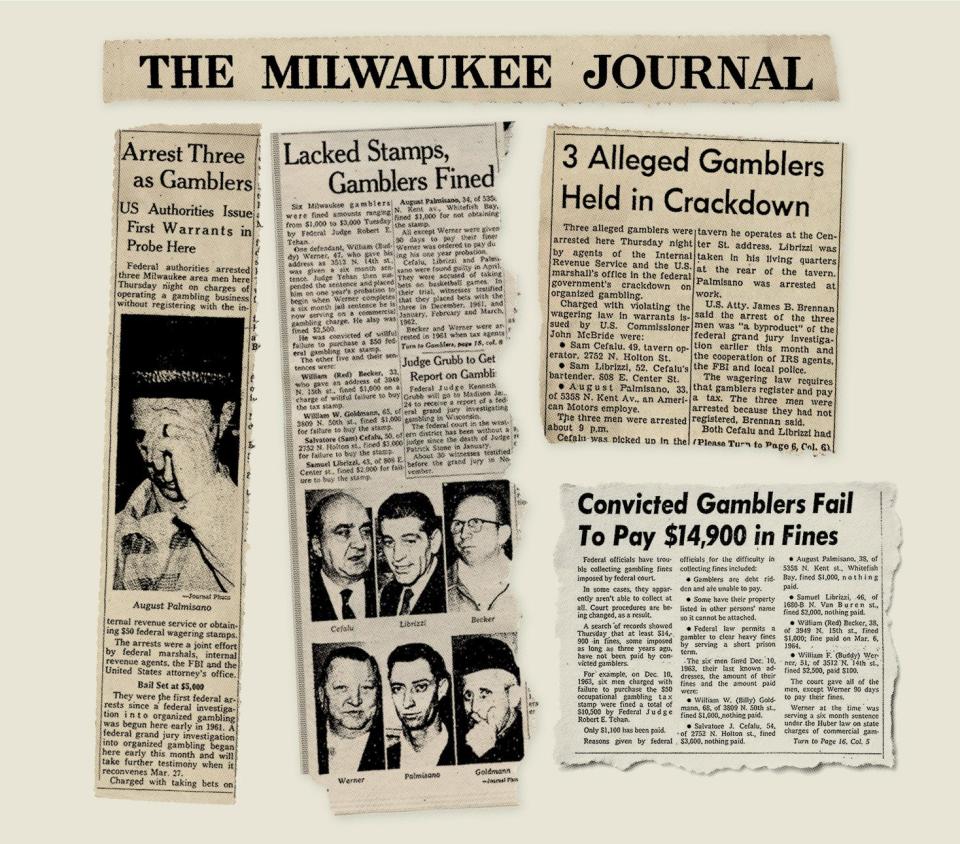 Newspaper clippings from Augie Palmisano's early gambling charges in the 1960s.