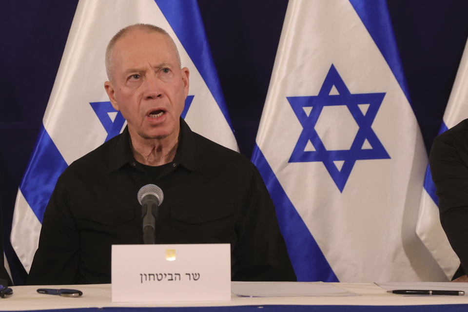 FILE - Israeli Defense Minister Yoav Gallant speaks during a news conference in the Kirya military base in Tel Aviv, Israel, on Oct. 28, 2023. On Monday, Dec. 11, Gallant pushed back against international calls to wrap up the country’s military offensive in the Gaza Strip, saying the current phase of the operation against the Hamas militant group will “take time.” (Abir Sultan/Pool Photo via AP, File)