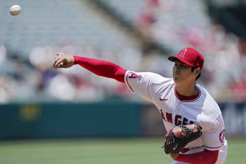 Los Angeles Angels starting pitcher Shohei Ohtani throws to the plate during the first inning of a baseball game against the San Francisco Giants Wednesday, June 23, 2021, in Anaheim, Calif. (AP Photo/Mark J. Terrill)