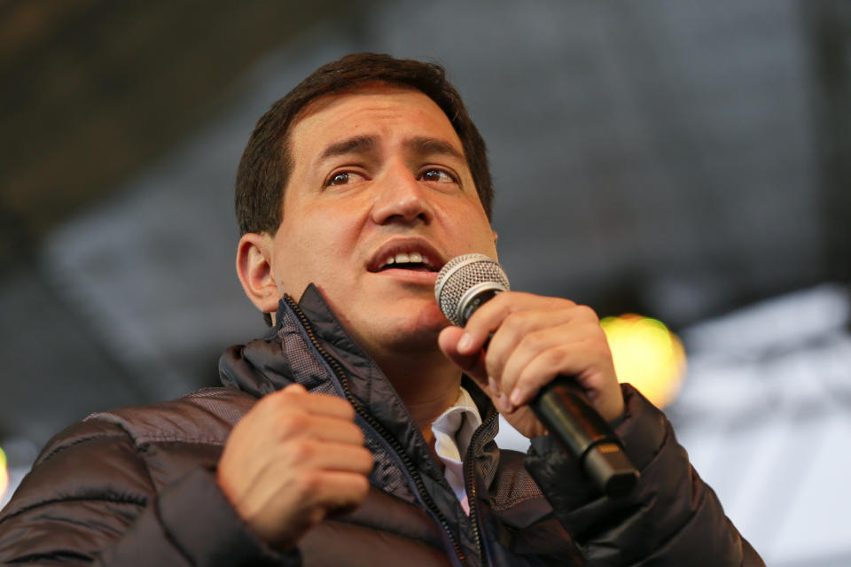 Andres Arauz, presidential candidate of the Alianza Union por la Esperanza, UNES, party speaks to supporters gathered at his campaign headquarters in Quito, Ecuador, after the closing of the polls for a runoff presidential election Sunday, April 11, 2021. Ecuadorians voted Sunday to choose between Arauz, an economist protégé of former President Rafael Correa, and former banker Guillermo Lasso, of Creating Opportunities party, or CREO. (AP Photo/Dolores Ochoa)