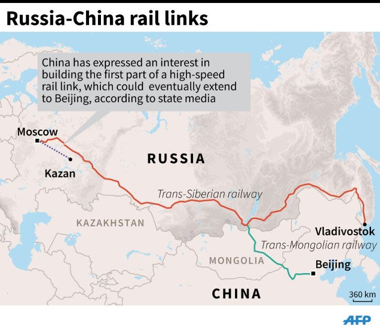 Map showing the area in Russia where Beijing and Moscow are considering builidng a high-speed rail line that could eventually extend to China