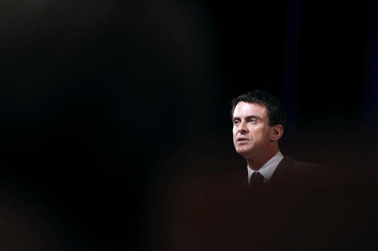 French Prime Minister Manuel Valls delivers a speech during the closing of the international meeting of antiterorrism magistrates at the French National Institute for Advanced Studies in Security and Justice in Paris on April 29, 2015