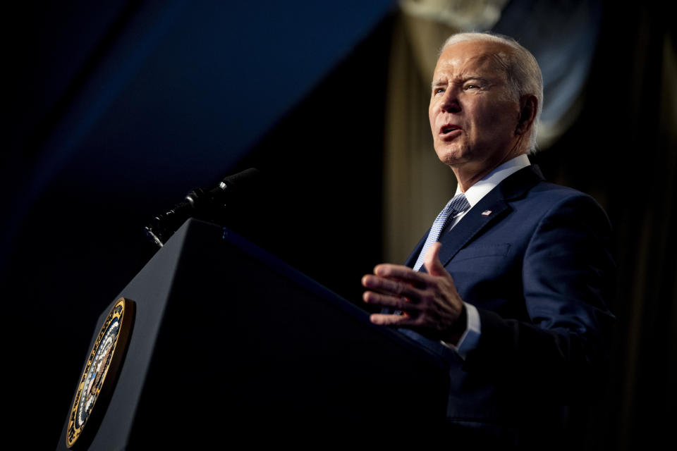 President Joe Biden speaks at the North America's Building Trades Union National Legislative Conference at the Washington Hilton in Washington, Tuesday, April 25, 2023. (AP Photo/Andrew Harnik)