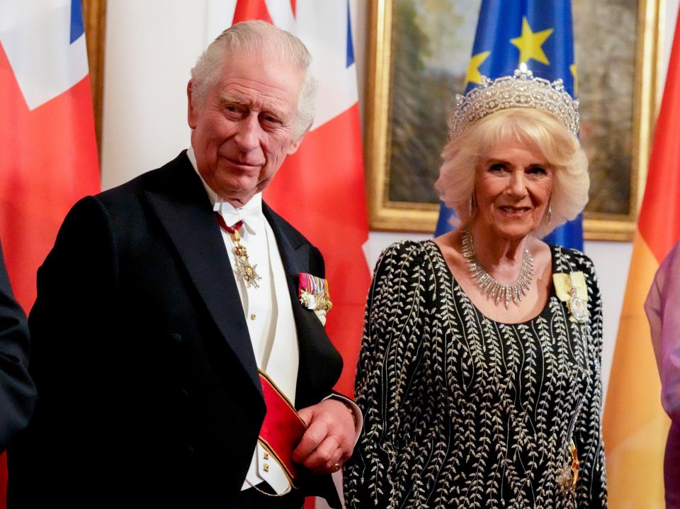Britain's King Charles III, and Camilla, the Queen Consort, stand together prior to the State Banquet in the Bellevue Palace in Berlin