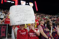 A young fan holds up a sign after the MLS All-Star soccer match between Arsenal and the MLS All-Stars, Wednesday, July 19, 2023, in Washington. (AP Photo/Alex Brandon)