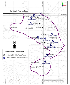 Pierce point map of Lowry Lower Copper Zone showing location of current and historic intercepts.