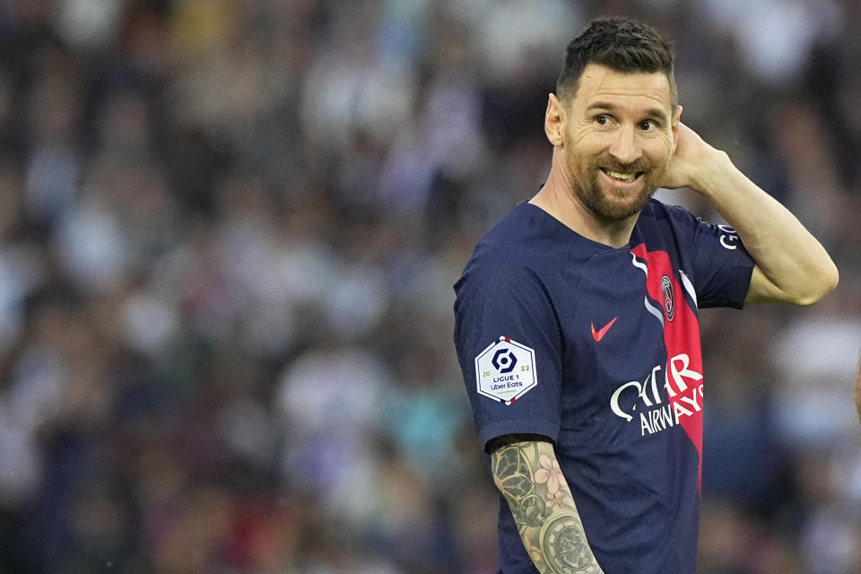 PSG's Lionel Messi reacts during the French League One soccer match between Paris Saint-Germain and Clermont at the Parc des Princes in Paris, France, Saturday, June 3, 2023. (AP Photo/Michel Euler)