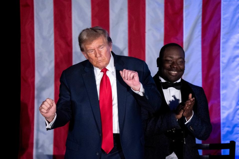 COLUMBIA, SOUTH CAROLINA – FEBRUARY 23: Former U.S. President Donald Trump dances during the Black Conservative Federation Gala on February 23, 2024 in Columbia, South Carolina. Former President Trump is campaigning in South Carolina ahead of the state’s Republican presidential primary on February 24. (Photo by Sean Rayford/Getty Images)