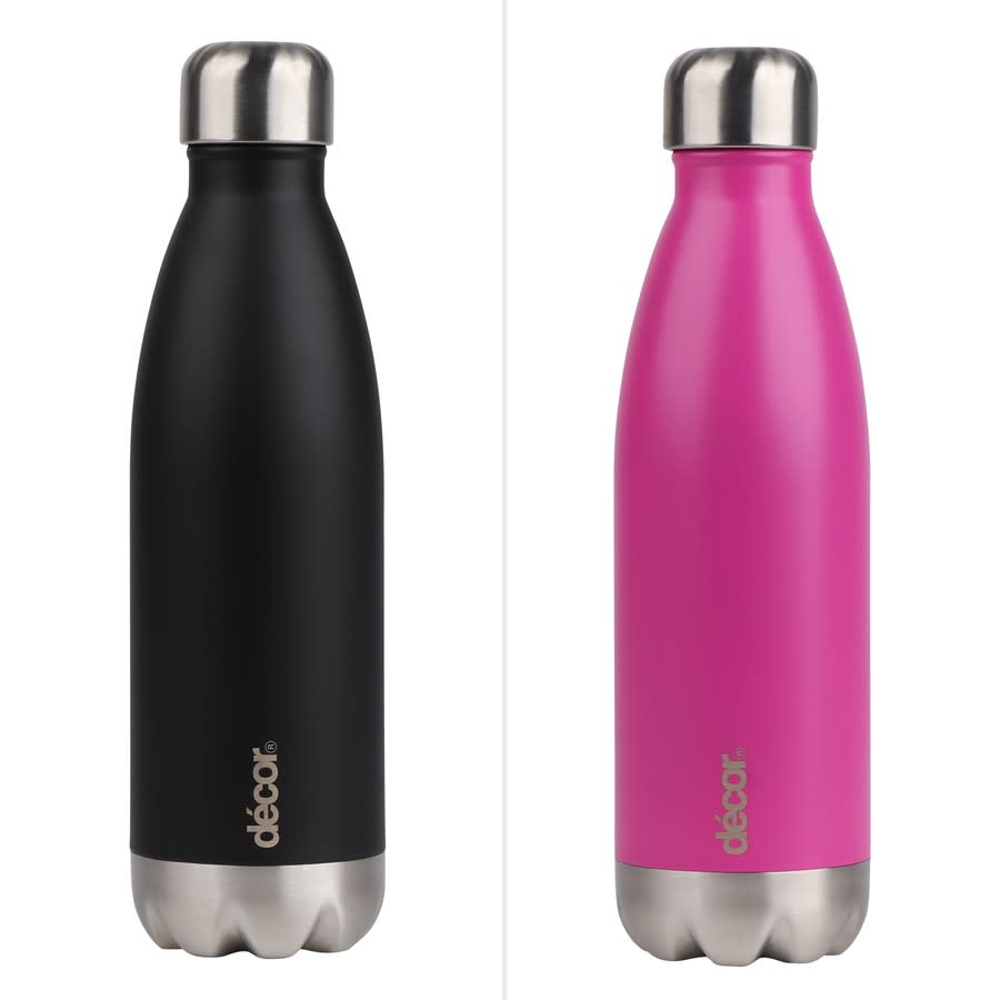 Two Decor Double Wall Insulated Bullet Stainless Steel Bottles in black and pink with logos and silver detailing and caps.