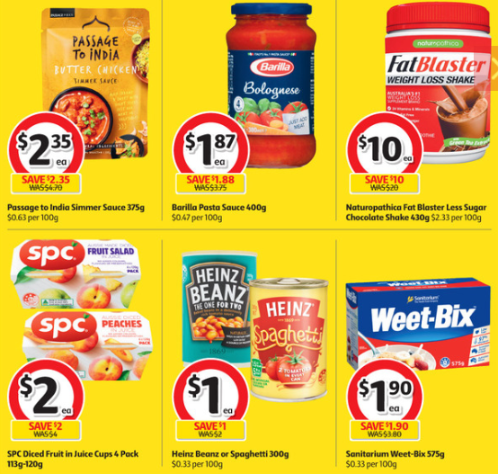 Cooking sauces, weight loss shake, diced fruit, baked beans and Weet-Bix on sale for half-price at Coles.