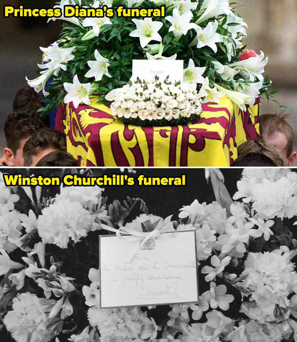 Side-by-sides of the floral arrangements with a note from Diana and Winston Churchill's funerals